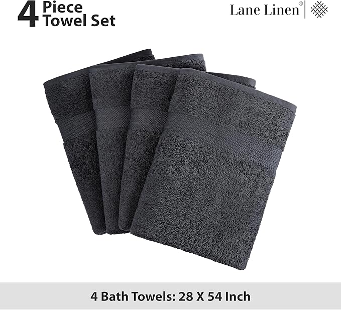 LANE LINEN Bath Towels 4 Pack (28"x54") - 100% Ring Spun Cotton Large Towel Set for Bathroom - Durable, Quick Drying, Soft & Absorbent Large Bath Towel Set - Perfect for Regular use - Black Towels