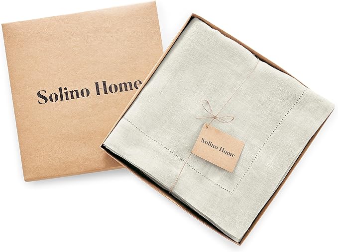 Solino Home Linen Light Flax Tablecloth 70 x 108 Inch - Sonoma Hemstitch, 100% Pure Linen Rectangular Tablecloth - Machine Washable Table Cloth for New Year