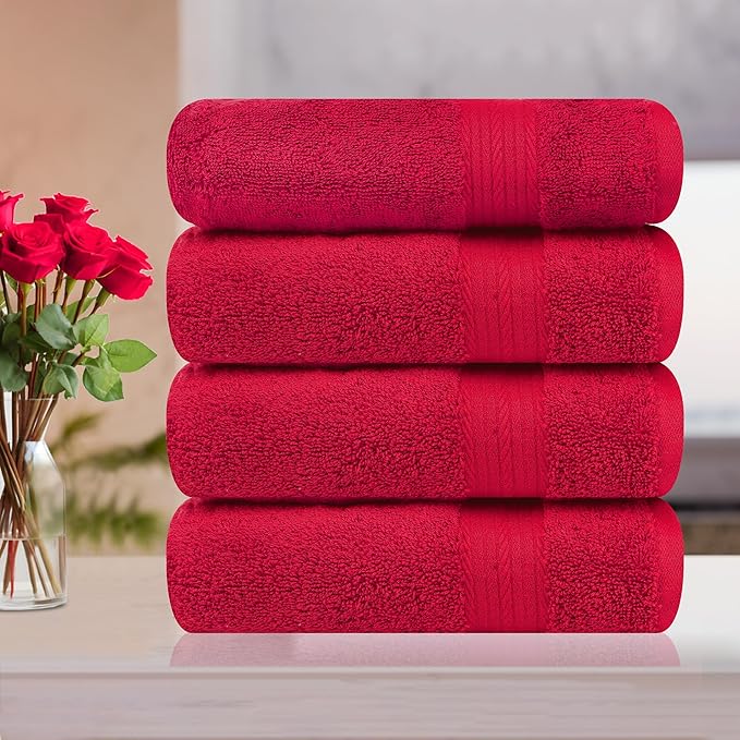 Ample Decor Bath Towel 100% Cotton 30 X 54 Inch 600 GSM Towels Bathroom Soft Light Weight - 4pcs - Christmas Red