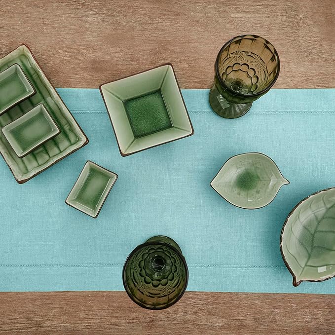 Solino Home Linen Aqua Blue Table Runner 156 Inches Long - 100% Pure Linen Extra Long Table Runner 14 x 156 Inch for Winter - Classic Hemstitch