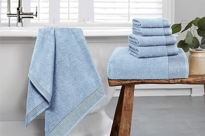 Belizzi Home 100% Cotton Ultra Soft 6 Pack Towel Set, Contains 2 Bath Towels 28x55 inchs, 2 Hand Towels 16x24 inchs & 2 Washcloths 12x12 inchs, Compact Lightweight & Highly Absorbant - Sky Blue