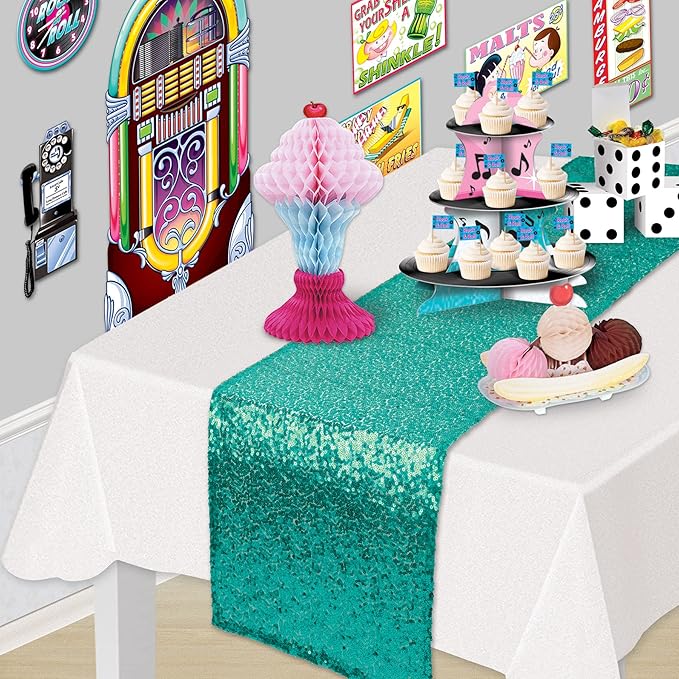 Beistle Turquoise Rectangular Shiny Sequined Table Runner