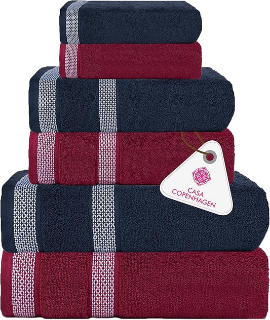 CASA COPENHAGEN Solitaire Mix 6 Pieces Towel Set- Navy + Burgundy, 600 GSM 2Bath Towel 2Hand Towel 2Washcloth, Designed in Denmark Made of Soft Egyptian Cotton for Bathroom, Kitchen & Shower