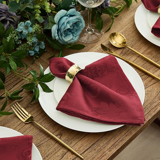 Newbridge Christmas Barcelona Damask Fabric Tablecloth, 90 Inch Round, Burgundy – No Iron, Soil Resistant Table Cover for Dining, Parties and Holidays