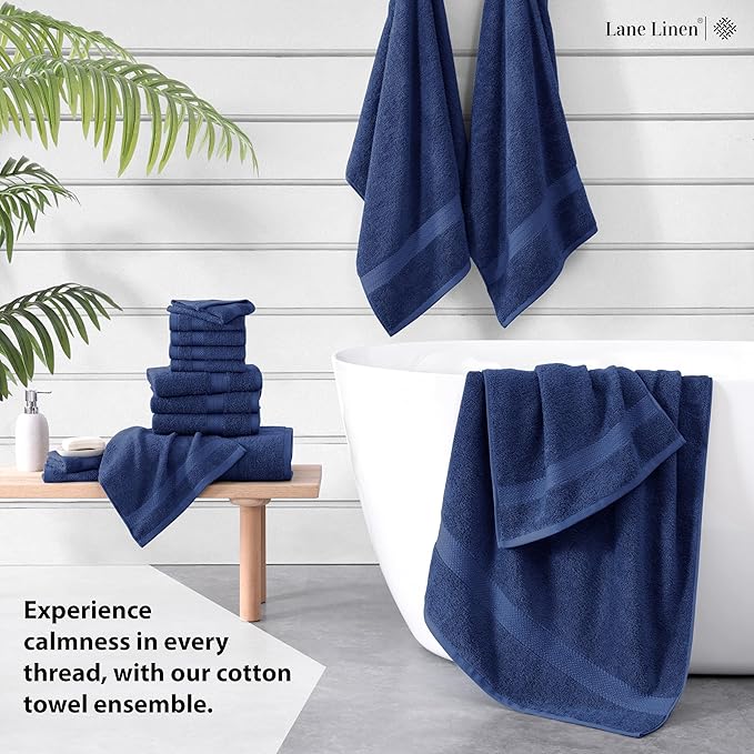 LANE LINEN 100% Cotton Luxury Towel Set for Bathroom - 16 Pieces, Ring Spun - Plush, Soft & Highly Absorbent - 4 Shower Towels, 8 Washcloths, 4 Hand Towels - Complete Bathroom Towel Set - Navy Blue