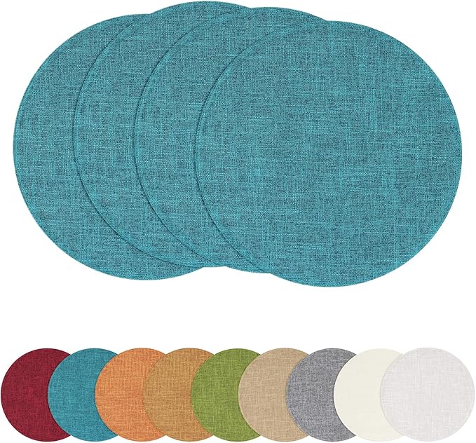 homing 15 Inch Round Cloth Placemats Set of 4, Cotton Linen Blend Washable Table Mats, Farmhouse Dining Place Mats for Indoors & Outdoors, Easy to Clean, Teal
