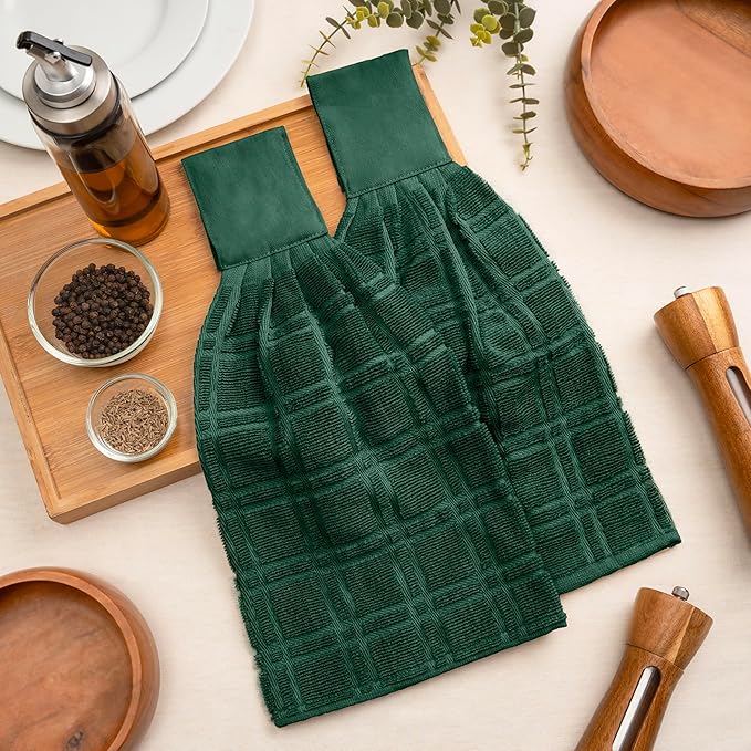 Blue Needles Hanging Kitchen Towels - Forest Green 100% Cotton Solid Kitchen Tie Towel, Set of 2 Hand Dish Cloth with Hanging Loops 9 x 17 Inches, Absorbent, Super Soft, and Fast Drying Home Essential