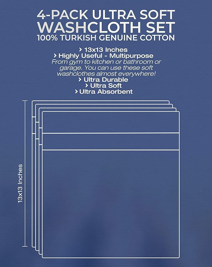 American Veteran Towel, 100% Cotton Turkish Washcloths for Bathroom Essentials 4 Pack, Soft Absorbent Wash Cloths Quick Drying Small Towels Washrags, Navy Blue