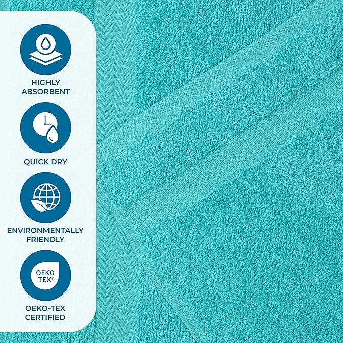 Superior 12-Piece Cotton Assorted Towel Set, Includes 6 Face/Washcloths, 4 Hand, and 2 Bath Towels, Lightweight Essentials, for Home, Beach, Bathroom, Quick Drying, Franklin Collection, Turquoise
