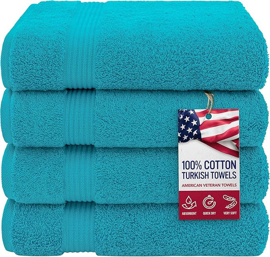 American Veteran Towel, 100% Cotton Turkish Bath Towels for Bathroom 4 Pack, 27x54 Extra Large Premium Soft Drying Bathroom Towels, Aqua Blue