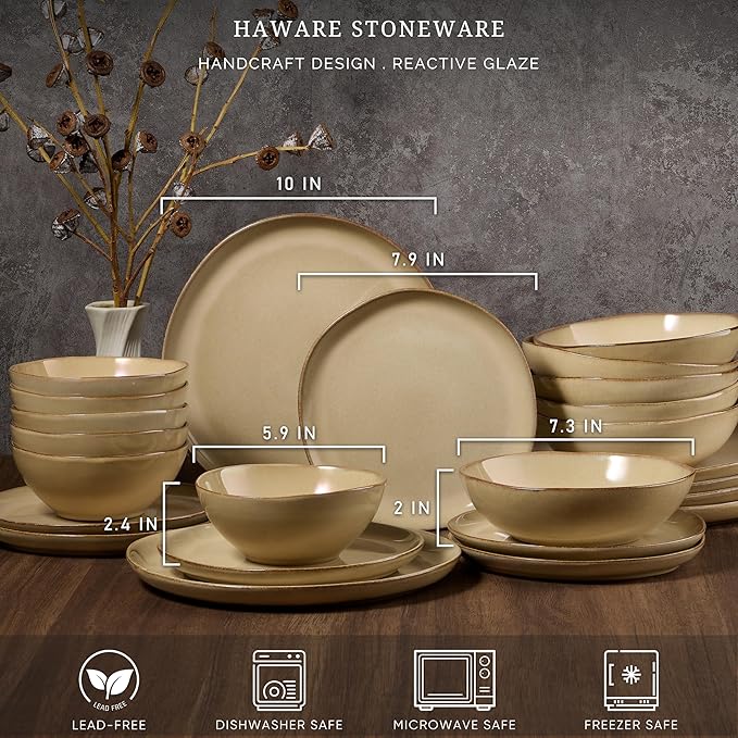 HaWare Plates and Bowls Set, Stoneware Dinnerware Sets, 24-Piece Hand-painted Dishware for 6, Ceramic Dish Set for Home Kitchen, Scratch Resistant, Microwave and Dishwasher Safe, Reactive Sandy Khaki