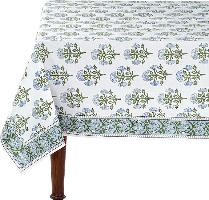 Ridhi Mughal Buta Blue Hand Block Print Cotton Rectangle Tablecloth 102" x 48" inches Reusable Table Cover Decorative Everyday Use for Dining, Farmhouse, Home, Party, Festive, Wedding, Fall