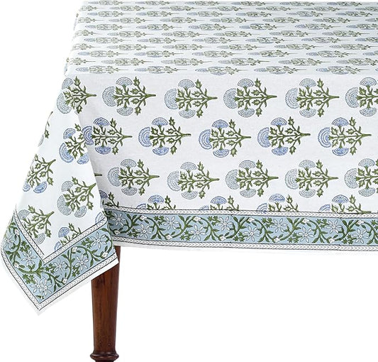Ridhi Mughal Buta Blue Hand Block Print Cotton Rectangle Tablecloth 108" x 60" inches Reusable Table Cover Decorative Everyday Use for Dining, Farmhouse, Home, Party, Festive, Wedding, Fall