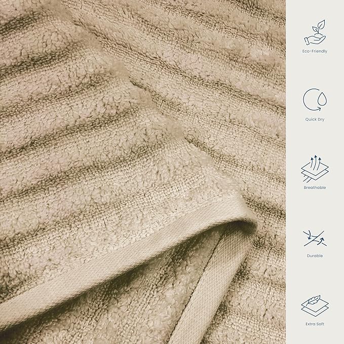 Blue Loom Ribbed Bath Towels Set, 100% Cotton 600GSM, Soft Absorbent Durable 2 Bath Towels, 2 Hand Towels, 2 Wash Cloths for Bathroom - Mason (58" x 30" inch Towels) (Ivory, 6 Piece)