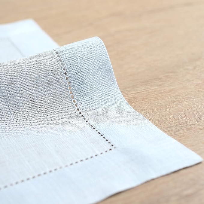 Solino Home Linen Cloth Placemats Set of 6-100% Pure Linen Hemstitch Light Blue Placemats 14 x 19 Inch - Classic Hemstitch Table Place Mats for Winter, New Year