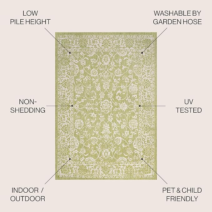 JONATHAN Y Weave Floral Indoor Outdoor Square Area Rug 5X5 Green/Cream, Tela Bohemian Textured for Backyard, Patio, Porch, Easy-Cleaning, High Traffic, Pet-Friendly, Non-Shedding (SMB100D-5SQ)