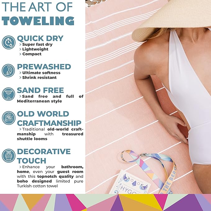 Madamelique Turkish Beach Towel with Beach Bag - 39 x 74 - Prewashed Beach Towels Oversized -%100Cotton - Quick Dry - Sand Free - Hand Loomed Turkish Bath Towels - Unique Absorbent Towel (Blush)