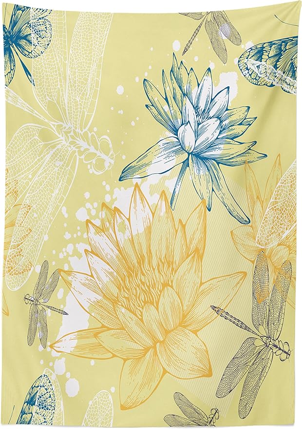 Ambesonne Dragonfly Tablecloth, Boho Style Plants and Dragonflies Sketchy Illustration, Dining Room Kitchen Rectangular Table Cover, 60" X 84", Petrol Blue