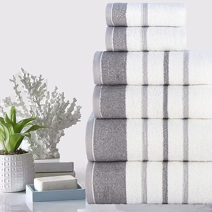 CASA COPENHAGEN White Bay, 6 Pieces Towel Set- White with Dark Grey and Light Grey Border, 600 GSM, 2Bath, 2Hand, 2Washcloths Egyptian Cotton Towel for Hotel Spa Kitchen Bathroom Kitchen & Shower