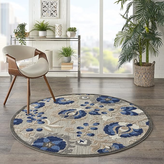 Nourison Aloha Indoor/Outdoor Natural/Blue 5'3" x Round Area -Rug, Easy -Cleaning, Non Shedding, Bed Room, Living Room, Dining Room, Backyard, Deck, Patio (5 Round)