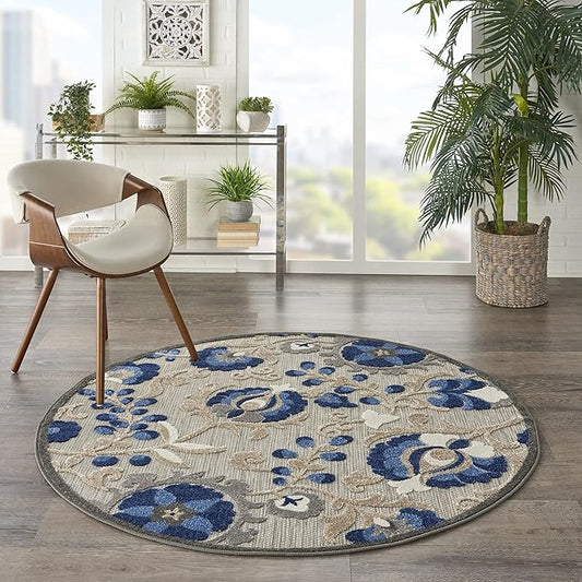 Nourison Aloha Indoor/Outdoor Natural/Blue 5'3" x Round Area -Rug, Easy -Cleaning, Non Shedding, Bed Room, Living Room, Dining Room, Backyard, Deck, Patio (5 Round)