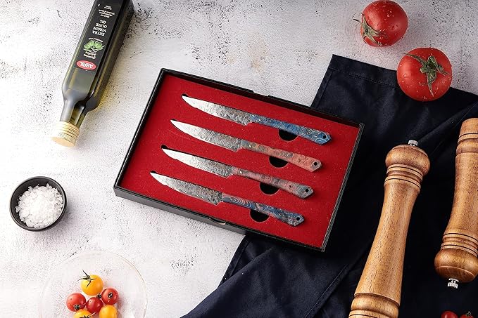 Seido Knives Kaze VG10 Damascus Steel Steak Knives - 4-Piece Straight-Edge with Solid Wood Handle