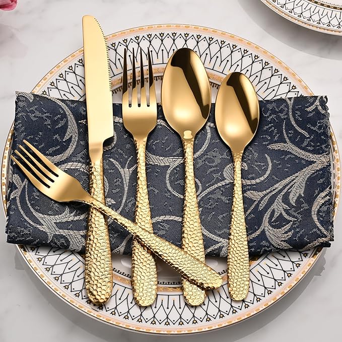Gold Hammered Silverware Set, 40-Piece Heavy Duty Stainless Steel Flatware Sets for 8, Food-Grade Cutlery Set for Home Restaurant, Mirror Polished, Dishwasher Safe