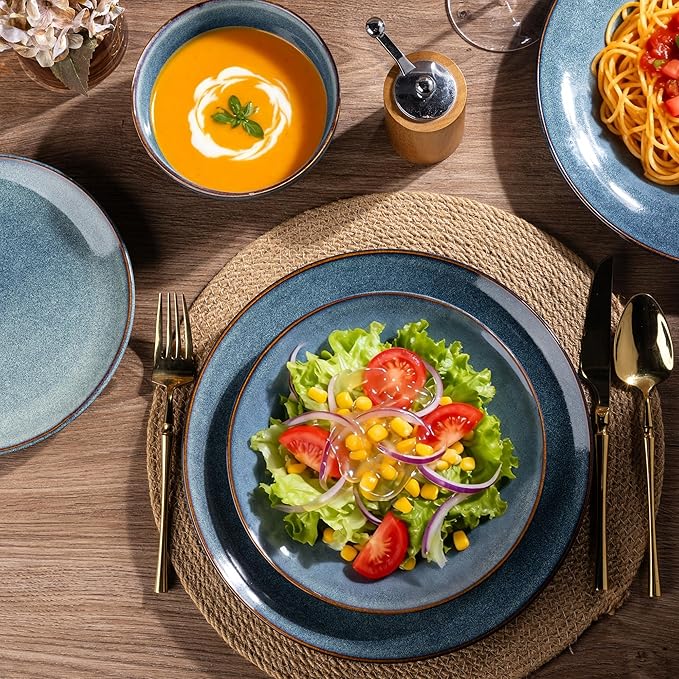 AmorArc Ceramic Dinnerware Sets for 4, 12 Pieces Handpainted Plates and Bowls Set, Scratch Resistant Stoneware Dishes Set, Dishwasher & Microwave Safe, Ceylon Blue