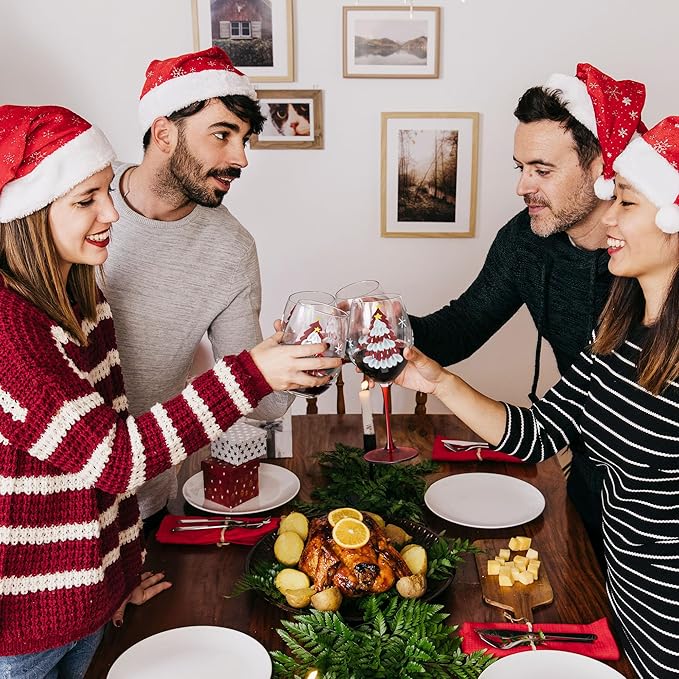 Joeyan Christmas Crystal Red Stemless Wine Glasses,Hand Painted Red or White Wine Glass Tumbler Cups,Large Xmas Tree and Snowflakes Patterned Drinking Glasses,Gift for Men Women Family,19 oz,Set of 2
