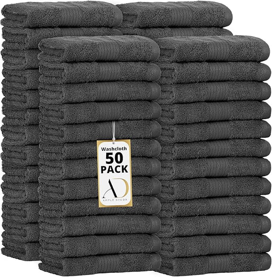 Ample Decor Wash Cloths Pack of 50 12 X 12 Inch 100% Cotton 600 GSM, Oeko Tex Certified Soft Absorbent, Machine Washable Face Towels, Reusable Fingertip Towels for Bathroom, Hotel, Gym, Spa - Grey