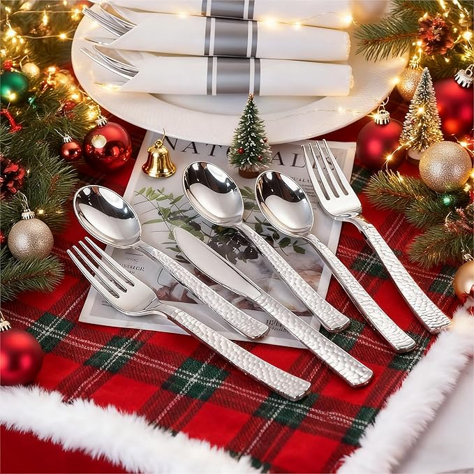WELLIFE 400PCS Silver Plastic Silverware, Pre Rolled Silverware Set Disposable,Plastic Cutlery Includes: 100 Forks, 100 Knives, 100 Spoons, 100 Napkins, Cutlery Set Disposable for Christmas