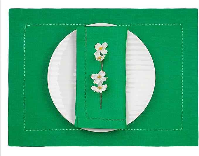 D'Moksha Homes Linen Placemats Set of 4 - Classic Hemstitch Kelly Green Placemats 14 x 19 Inch - 100% Pure Linen Table Mats for Winter, Holiday, New Year - Handcrafted and Machine Washable