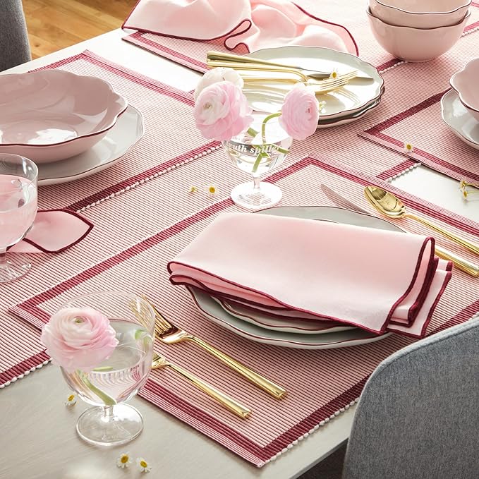 Kate Spade New York Garden Party Reversible 100% Cotton Table Runners Single Set, Woven Ribbed Design, Pink/Rose Pink, 14"x72"