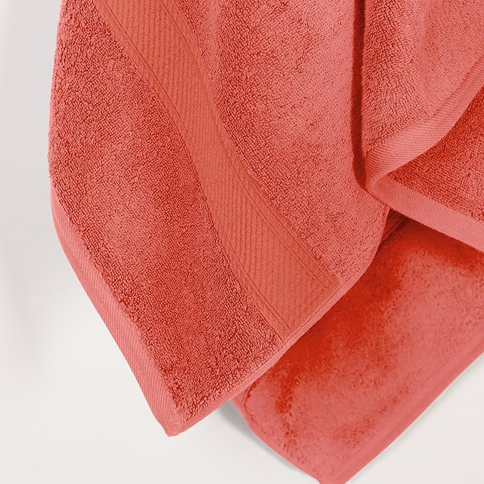 Superior Egyptian Cotton Pile Bath Towel Set of 2, Ultra Soft Luxury Towels, Thick Plush Essentials, Absorbent Heavyweight, Guest Bath, Hotel, Spa, Home Bathroom, Shower Basics, Coral