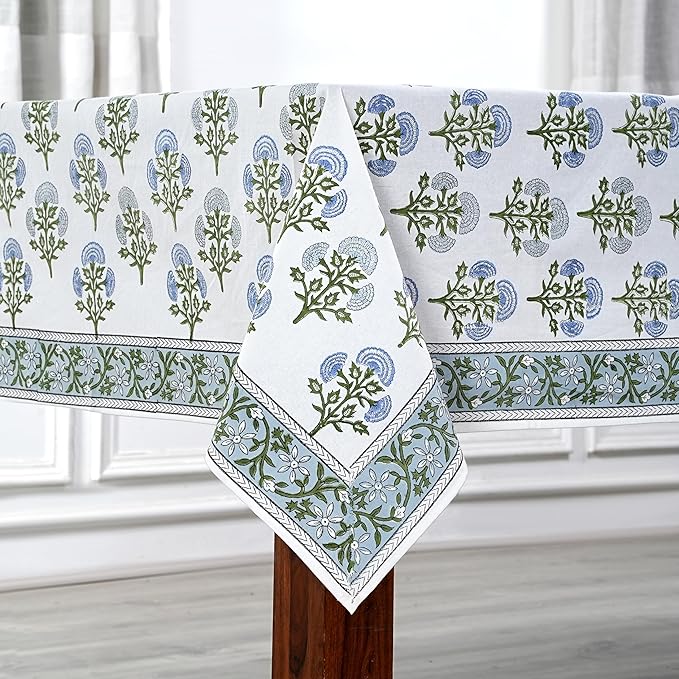 Ridhi Mughal Buta Blue Hand Block Print Cotton Rectangle Tablecloth 108" x 70" inches Reusable Table Cover Decorative Everyday Use for Dining, Farmhouse, Home, Party, Festive, Wedding, Fall