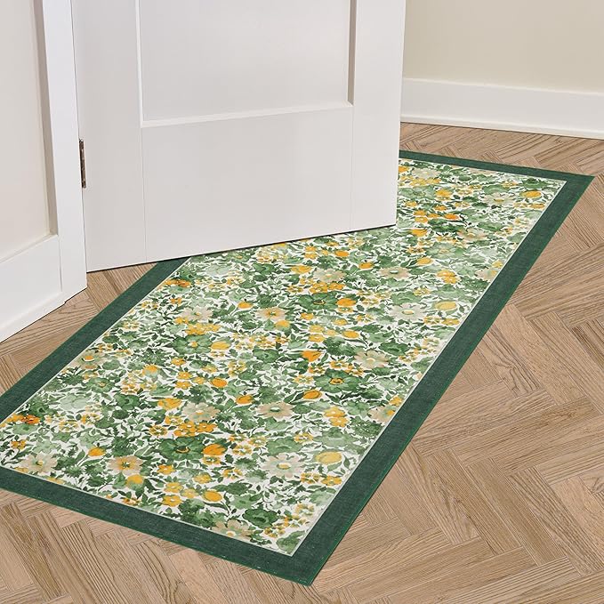 Laura Ashley Green Lovestone Floral Machine Washable & Slip Resistant 2 Piece Set - 26" x 45" Accent Rug & 26" x60" Runner Rug