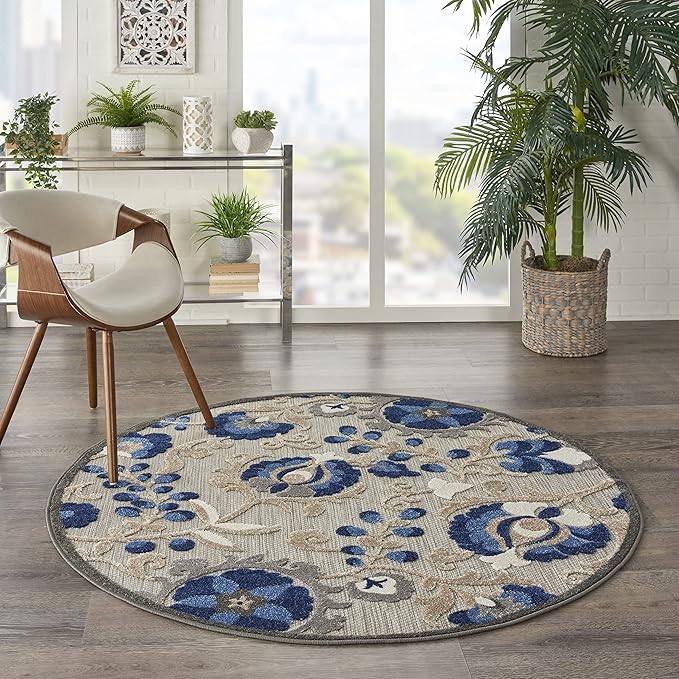 Nourison Aloha Indoor/Outdoor Natural/Blue 5'3" x Round Area -Rug, Easy -Cleaning, Non Shedding, Bed Room, Living Room, Dining Room, Backyard, Deck, Patio (5 Round)