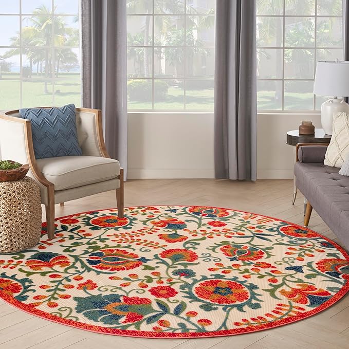 Nourison Home Aloha Red Multicolor 7'10" x Round Area Rug - Easy Clean, Non Shedding, Bed Room, Living Room, Dining Room, Kitchen (8' x Round)