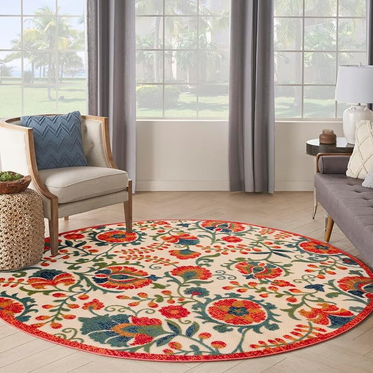 Nourison Home Aloha Red Multicolor 7'10" x Round Area Rug - Easy Clean, Non Shedding, Bed Room, Living Room, Dining Room, Kitchen (8' x Round)