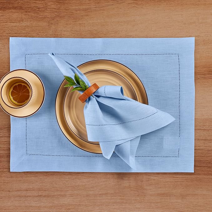Solino Home Linen Cloth Placemats Set of 4-100% Pure Linen Hemstitch Cornflower Blue Placemats 14 x 19 Inch - Classic Hemstitch Table Place Mats for Holiday, New Year