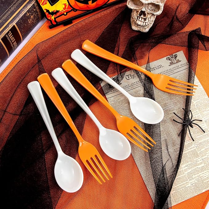 NOCCUR 180PCS Christmas Plastic Silverware Set - Tricolor Flatware Disposable Supplies Include 60 Black Knives, 60 Orange Forks, 60 White Spoons - Ideal for Thanksgiving Party