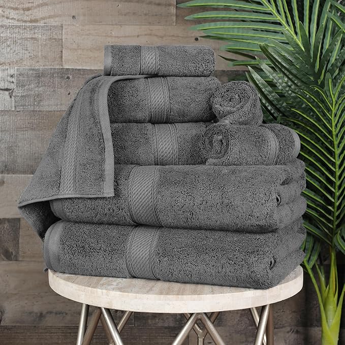 Superior Egyptian Cotton Pile 8 Piece Towel Set, Includes 2 Bath, 2 Hand, 4 Face Towels/Washcloths, Ultra Soft Luxury Towels, Thick Plush Essentials, Guest Bath, Spa, Hotel Bathroom, Charcoal