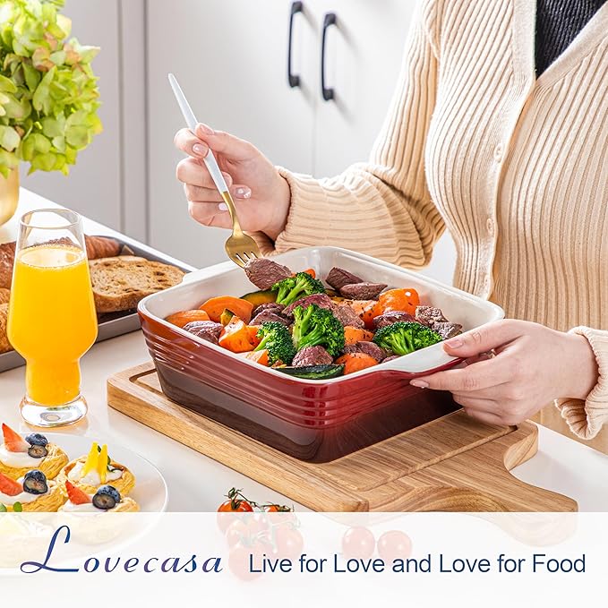 LOVECASA 8x8 inch Baking Pan, 2 Quart Square Cake Pan Baking Dish for Oven, Stoneware Brownie Pan Non-Stick, Casserole Baking Pan with Handle,Ceramic Bread Pans for Baking, Red