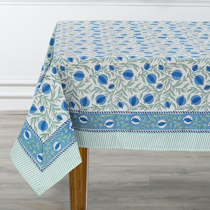 Ridhi Queen Blue Hand Block Print Cotton Rectangle Tablecloth 90" x 60" inches Reusable Table Cover Decorative Everyday Use for Dining, Farmhouse, Home, Party, Festive, Wedding, Fall
