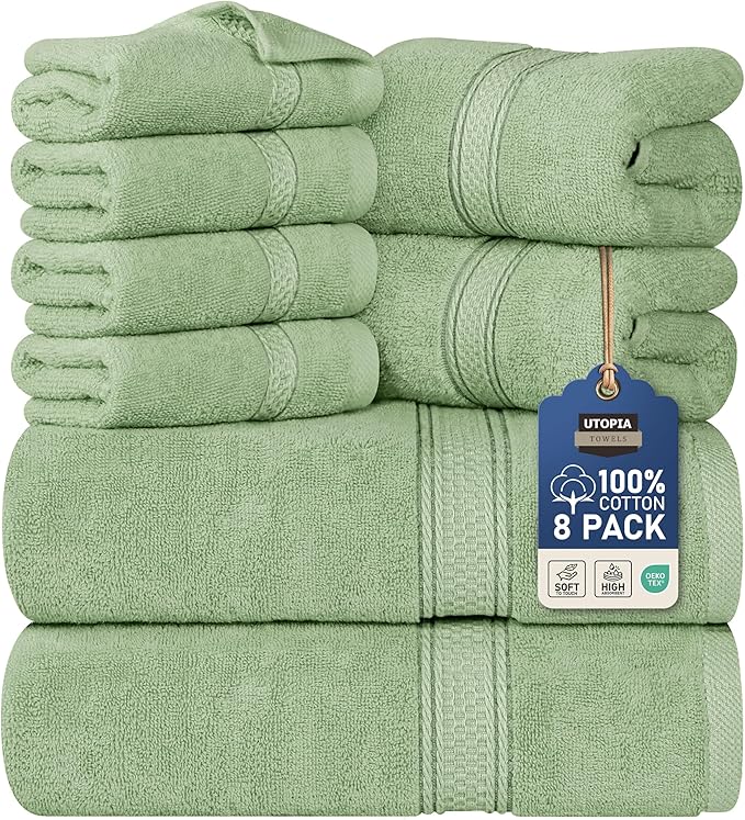 Utopia Towels 8 Piece Luxury Towel Set – Majestic Plush, Super Absorbent & Quicker-to-Dry, Thick 100% Ring Spun Cotton Towels for Bathroom, Spa & Hotel – 2 Bath, 2 Hand, 4 Washcloths, Sage Green