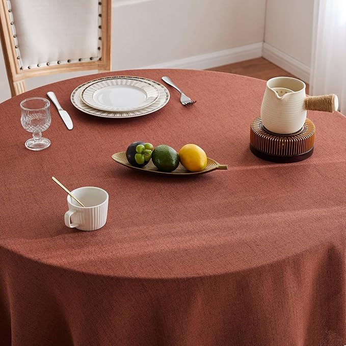 Linen Tablecloth with Tassels, Farmhouse Style Terracota Tablecloth, Water Resistant Burlap Tablecloths for Round Table, 60 Inch Round Terracota