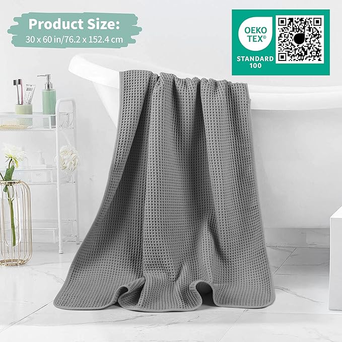New Microfiber Waffle Bath Towels, 2 Pieces, Oversized, Soft, Absorbent, Fast Drying, Lint Free (Gray+Pink)