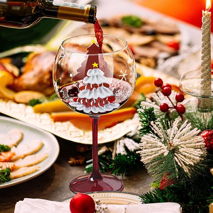 Joeyan Christmas Crystal Balloon Wine Glasses,Hand Painted Large Wine Goblet Glass Cups with Stem,Gin Tonic Cocktail Drinking Glasses with Red Xmas Tree and Snowflakes Patterns,19.5 oz,Set of 2