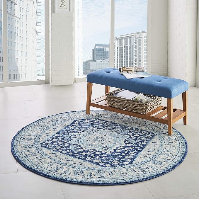 Nourison Home Tranquil Ivory/Navy 5'3" x Area Rug, Distressed, Bed, Living, Dining Room, Kitchen, Easy Cleaning, Non Shedding, (5' Round)