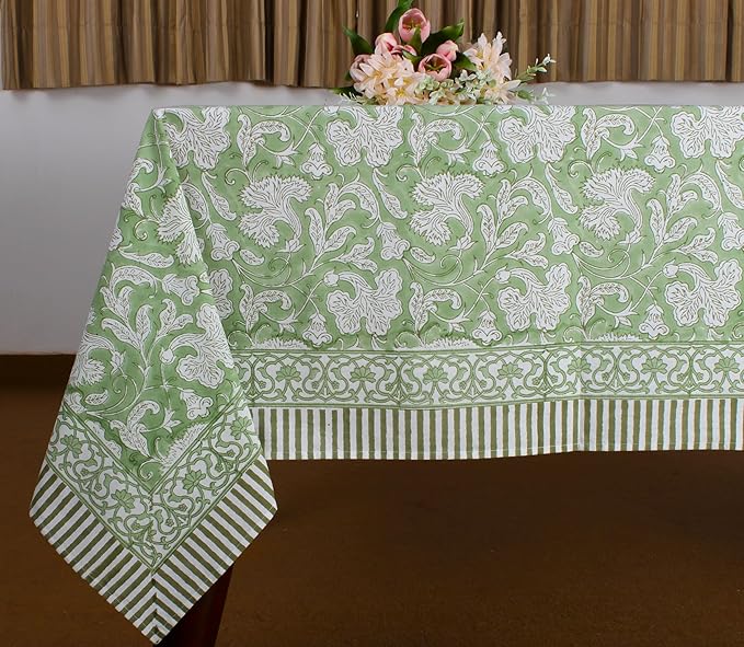 Ridhi - Hand Block Print Cotton Cloth Dinning Table Cover Wedding Farmhouse Thanks Giving Christmas Spring Tablecloth (Sage Green, 10 Seater 80x120 Inches)